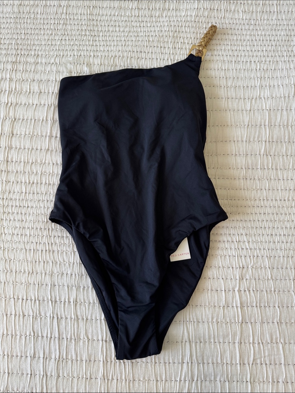 Red Carter One-Shoulder Black Swimsuit with Braided Gold Strap